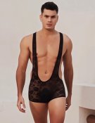 Men Sexy Lace Bodysuit Black