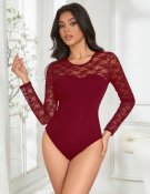 Long Sleeves Open Crotch Bodysuit Maroon