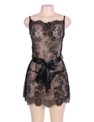Black Sheer Floral Eyelash Trim Lace Babydoll Set