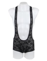 Men Sexy Lace Bodysuit Black