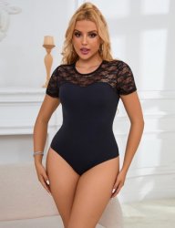 Open Crotch Short Sleeves Bodysuit Black